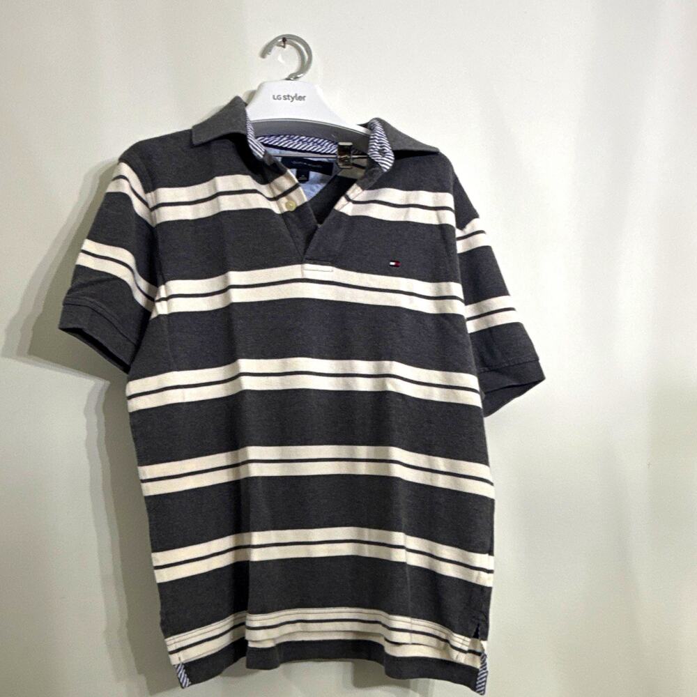 Tommy Hilfiger Men’s Polo Shirt M Regular Gray/White Striped Short Vintage 2009